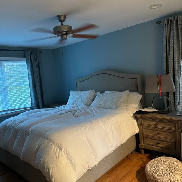 Bedroom with a deep blue painted feature wall, white ceiling and trim, and a made bed
